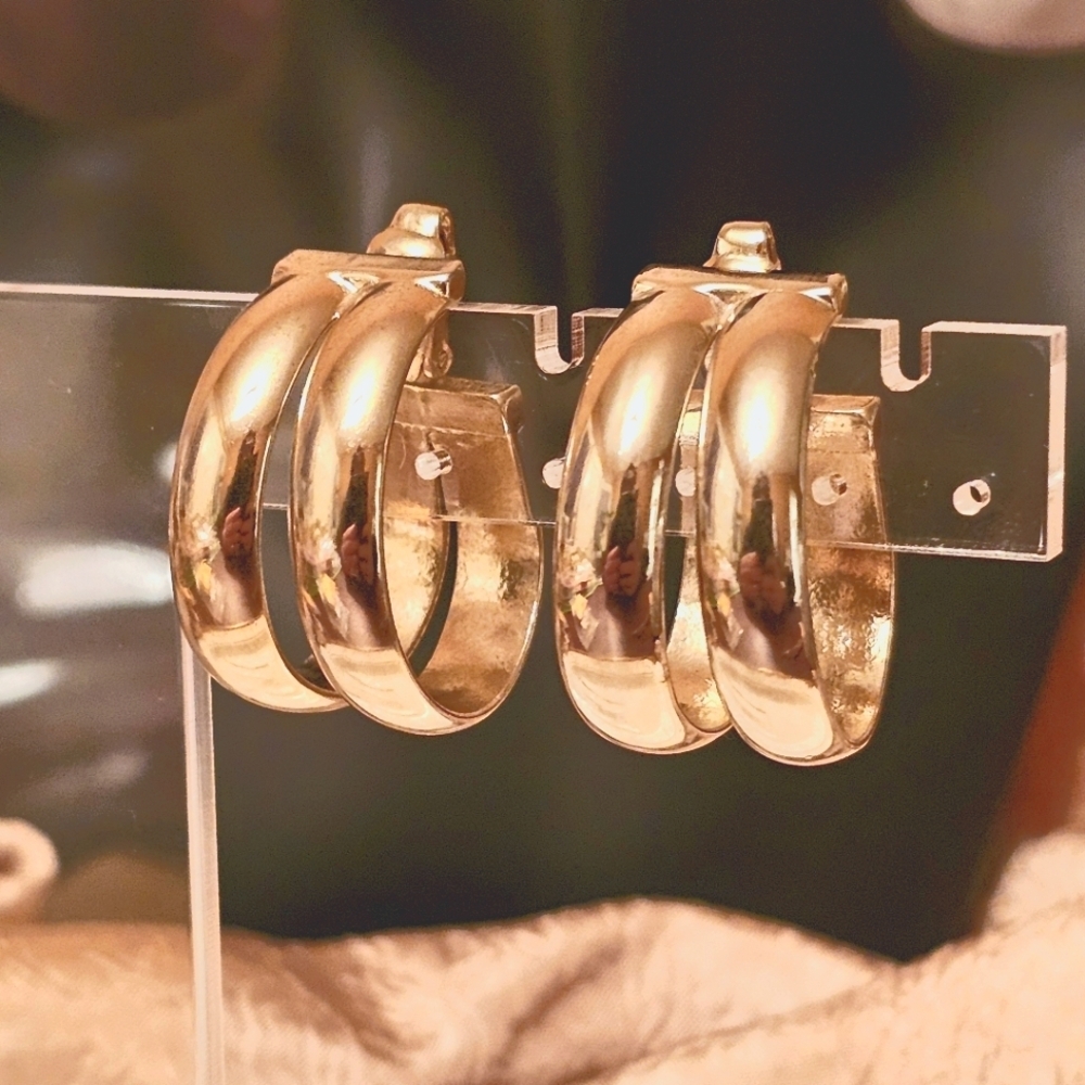 Vintage Bergere Silver Chunky Double Hoop Clip Earrings E1P62 - Picture 1 of 7